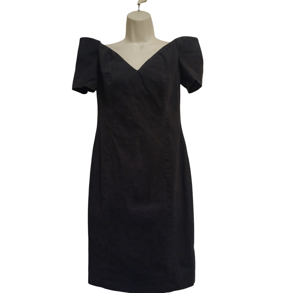 Expo Sheath Dress Women 6 Black V-Neck Off Shoulder Puff Sleeve Cotton USA